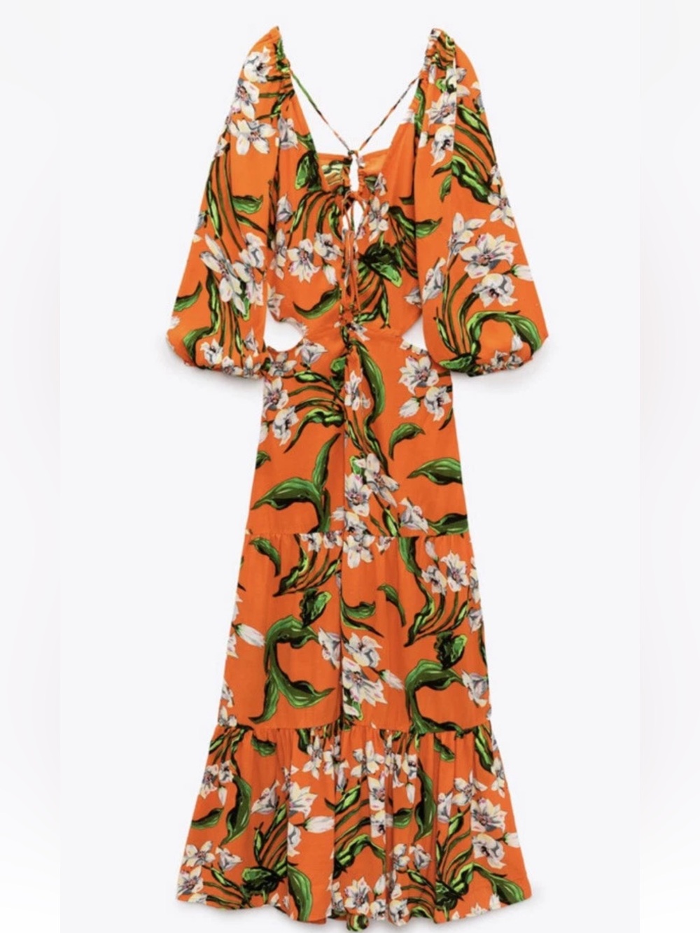 Zara Orange Floral Maxi Dress with Puff Sleeves